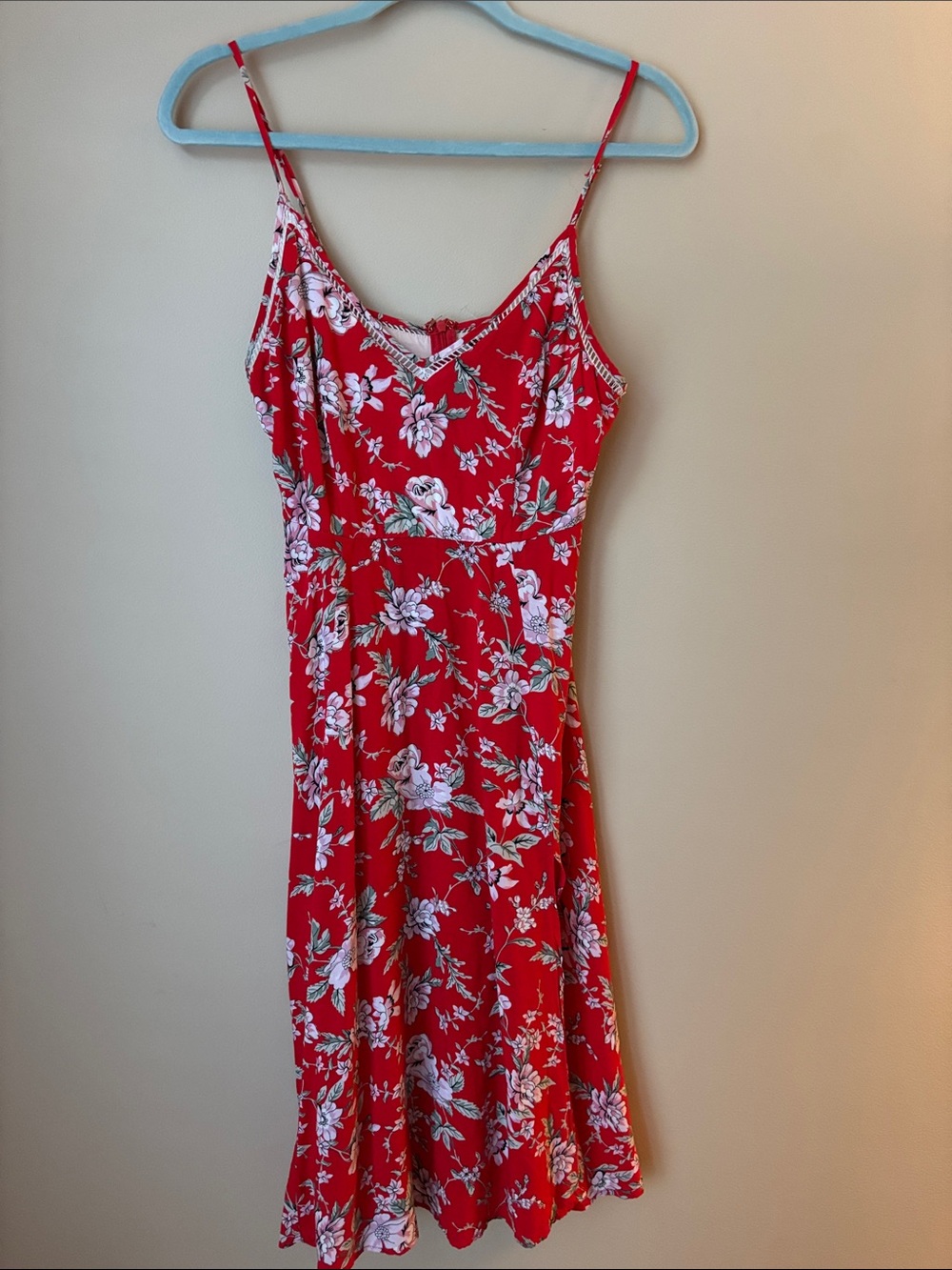 Lulu's Red Floral V-Neck midi dress Red with Pink & Green Blossom